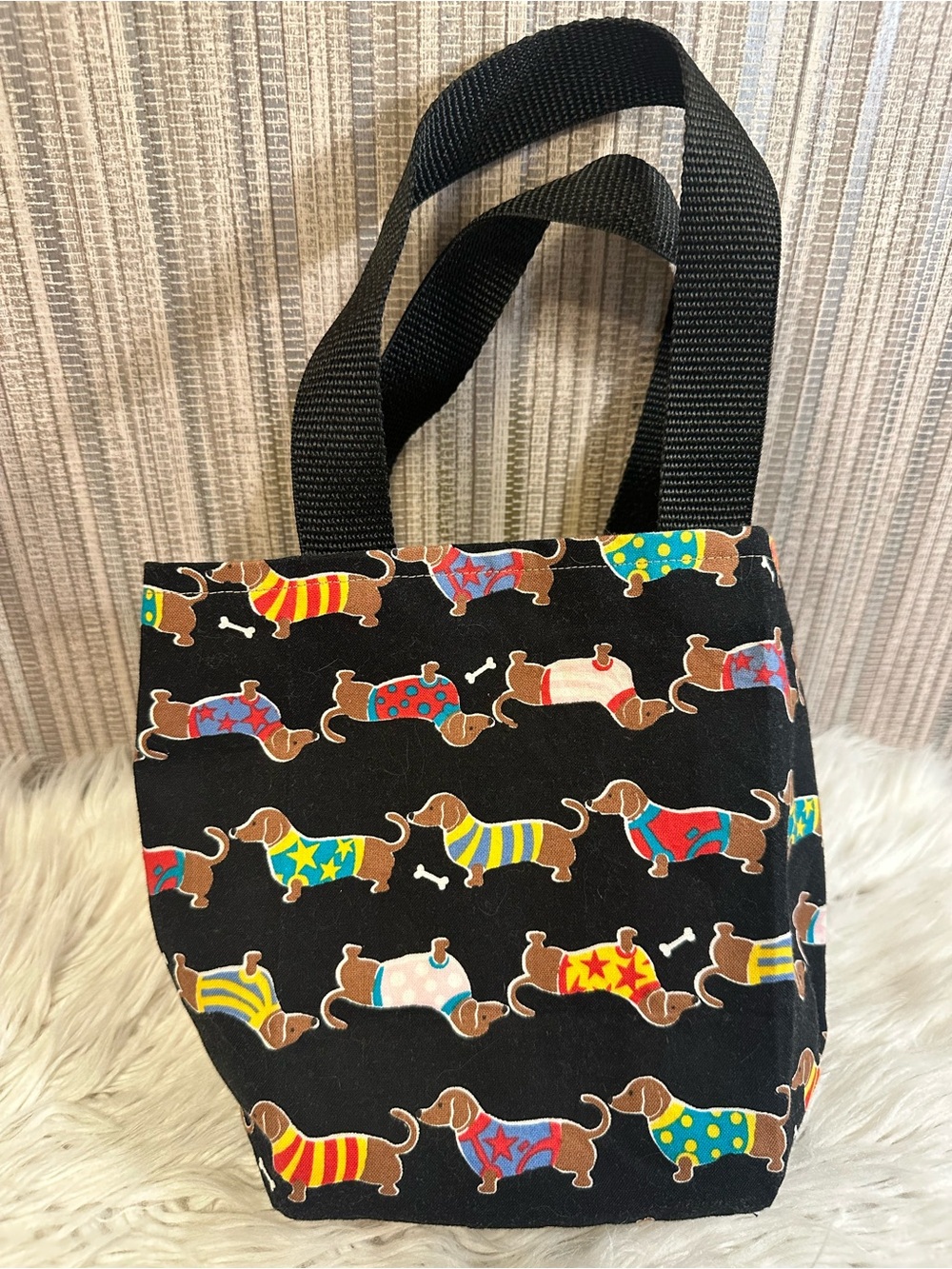 Dachshund Dog Print Mini Tote Bag Colorful Wiener Dogs Black